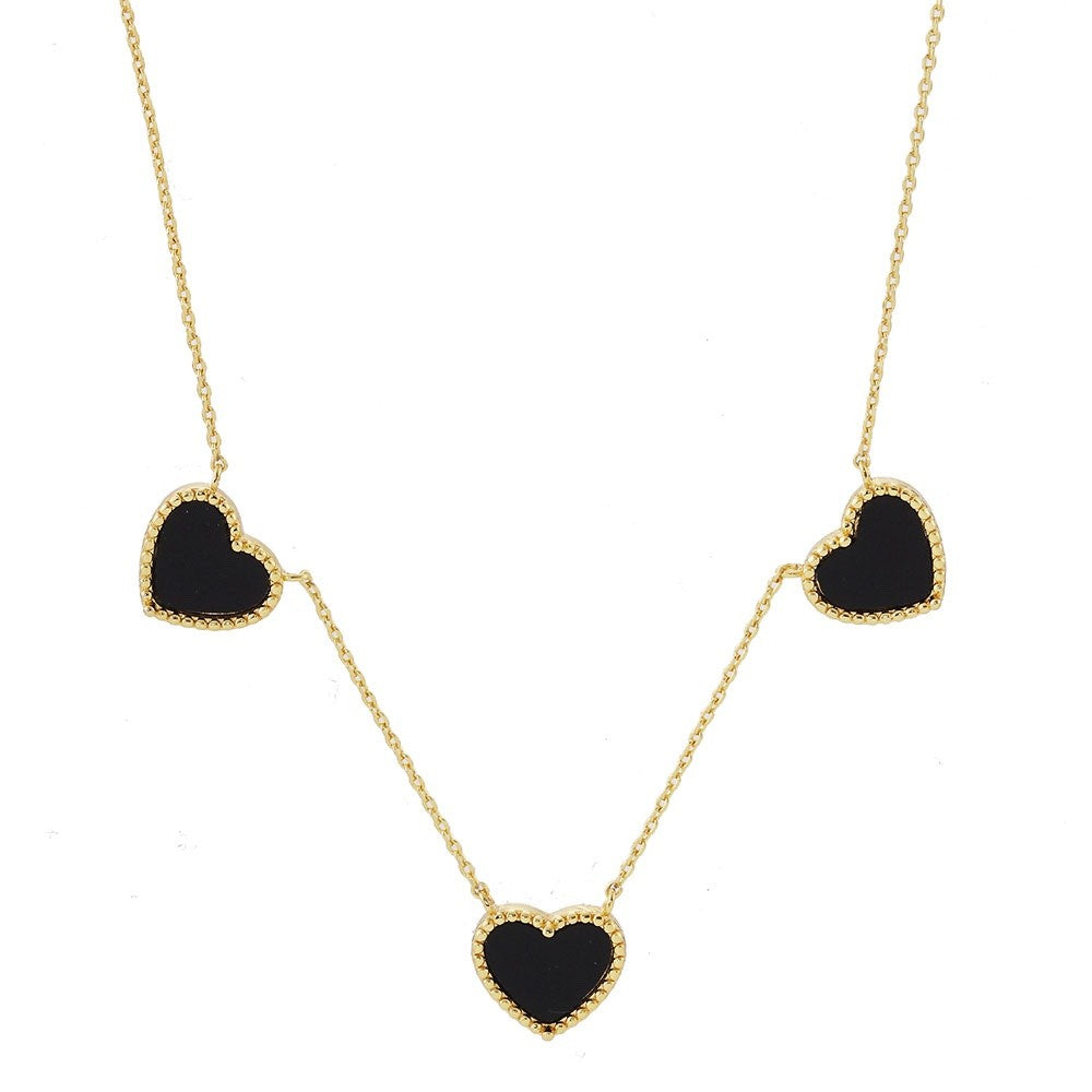 Gold Dipped Black Heart Triple Pendant Necklace Dainty Clover Style 15.5" + 2" L