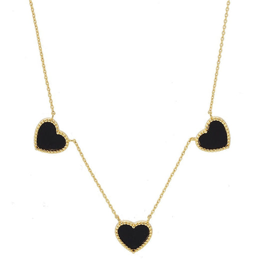Gold Dipped Black Heart Triple Pendant Necklace Dainty Clover Style 15.5" + 2" L