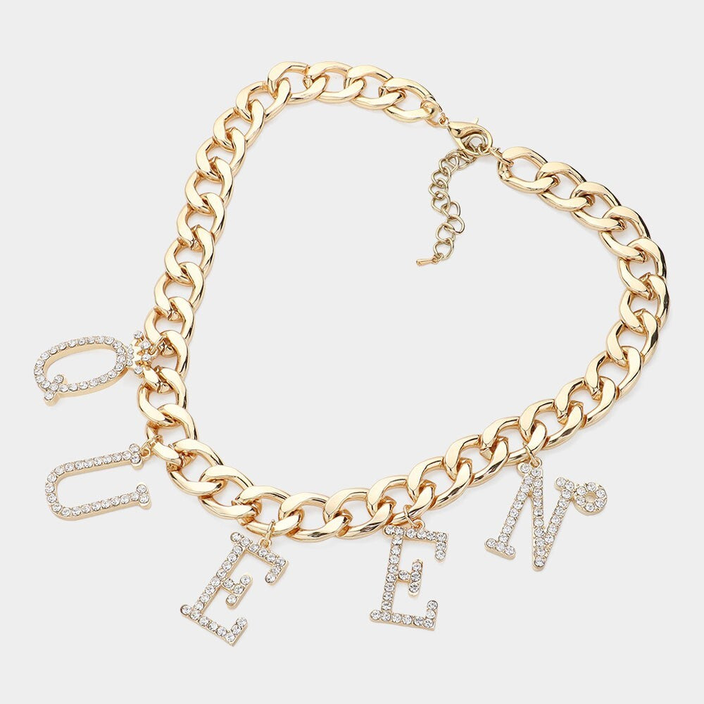 Queen Letter Charm Chain Necklace Iced Out Bling Pendant Jewelry for Women