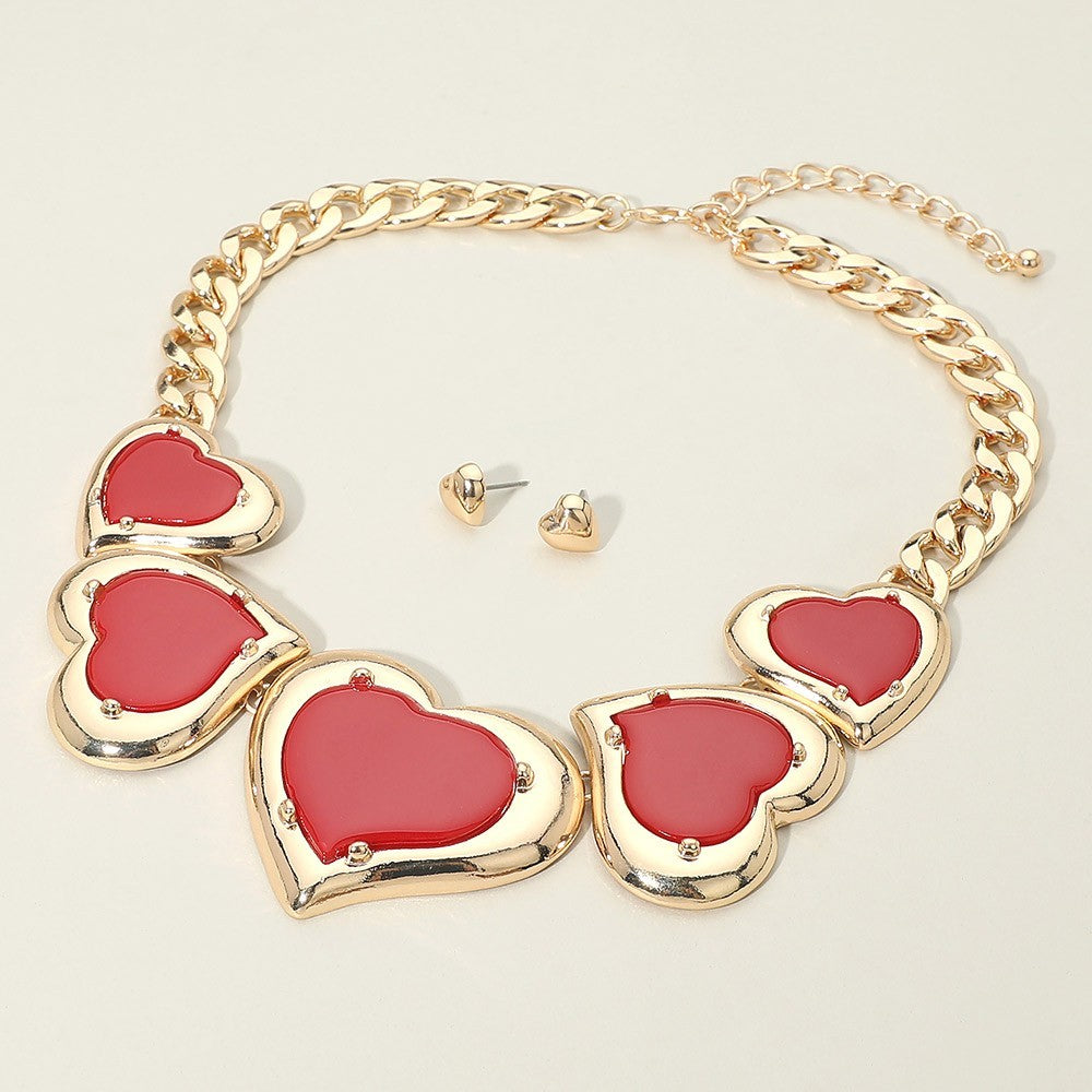 Womens Bold Resin Heart Plate Link Chunky Statement Necklace & Stud Earrings Set