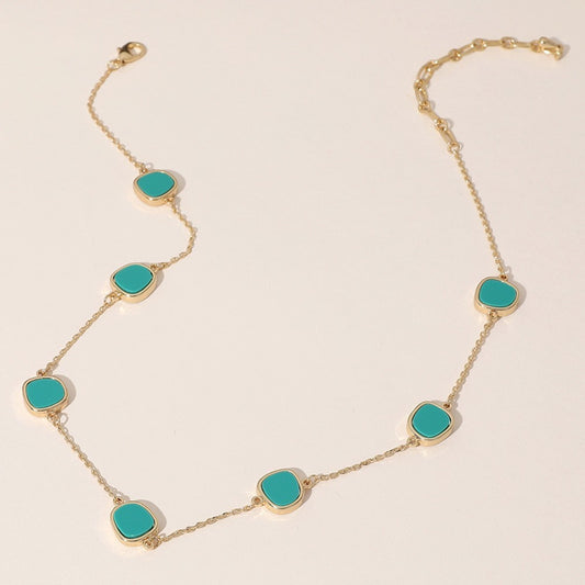 Gold Tone Turquoise Stone Station Necklace Minimalist Boho Dainty Style Jewelry