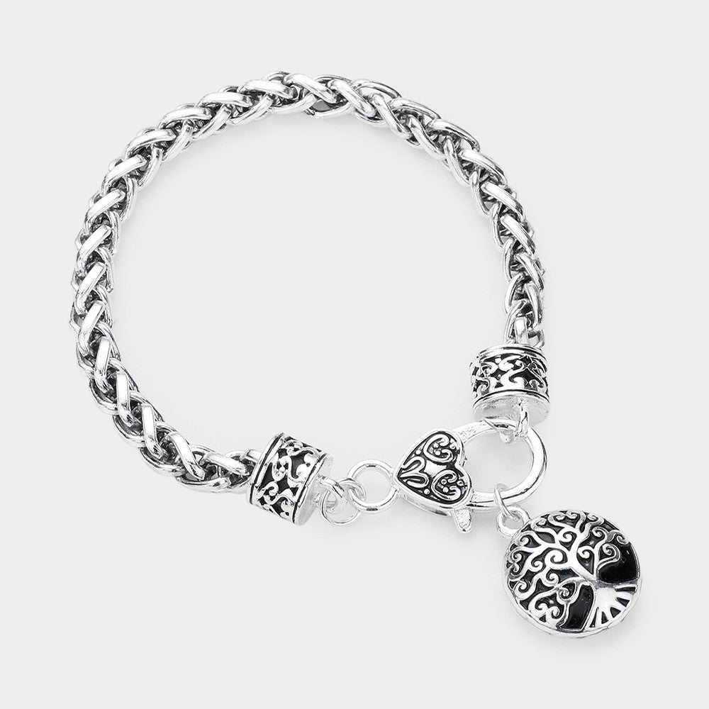 Spiritual Tree of Life Dangle Bracelet Antique Silver Woven Chain for Women