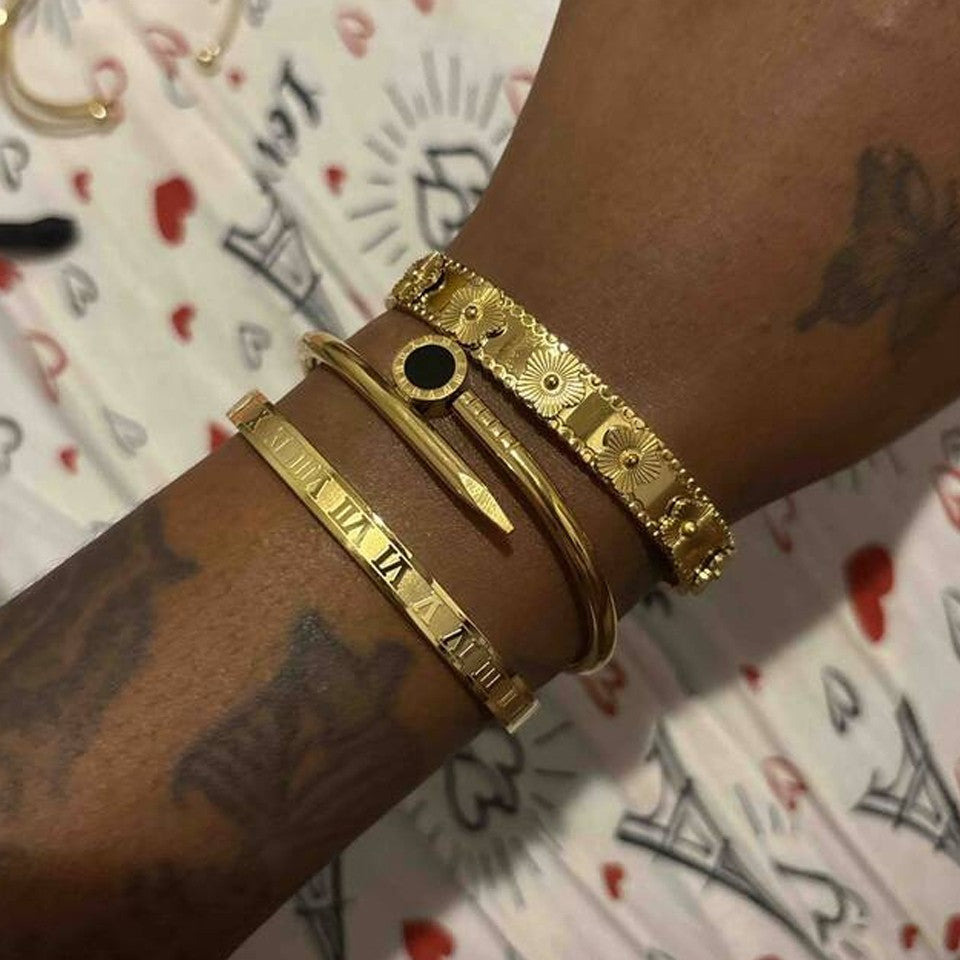 Stackable 3-Piece Gold Bangle Set for Women - Roman Numeral & Floral Designs