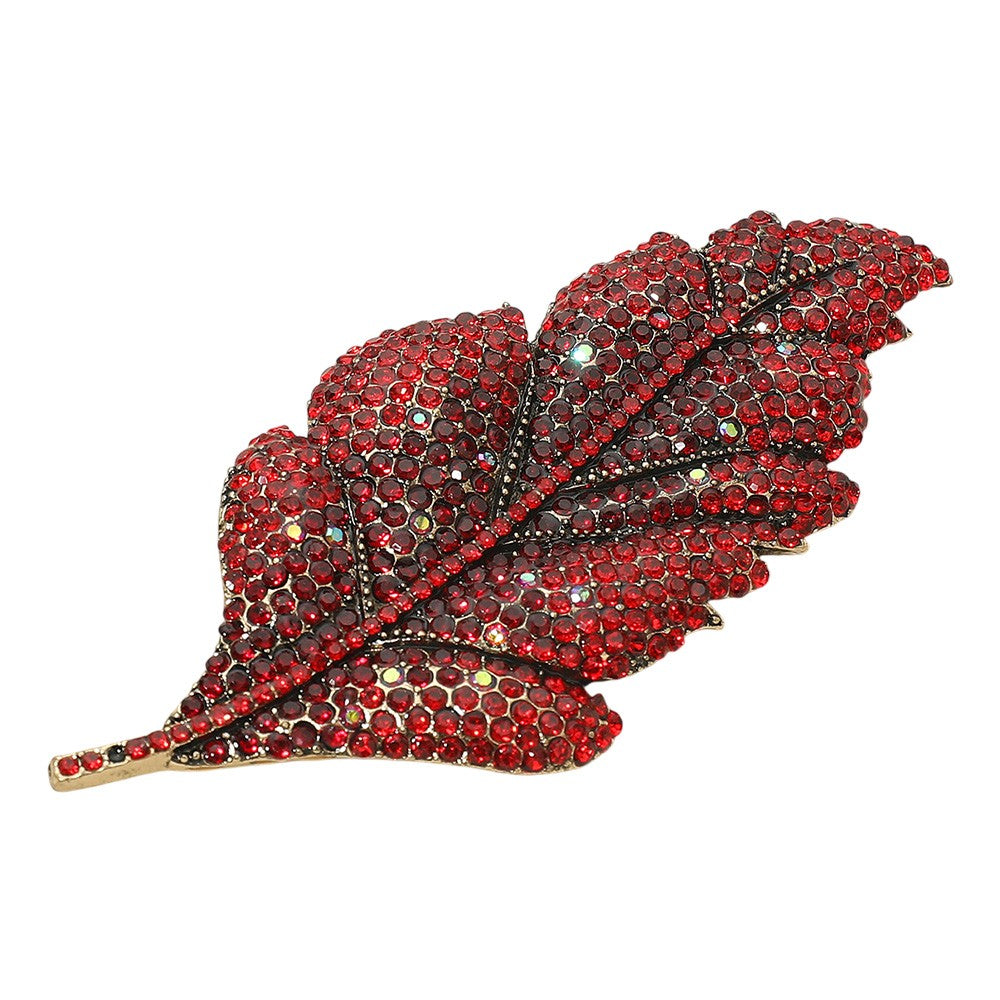 Womens Gold Tone Sparkling Red Rhinestone Paved Leaf Shaped Statement Pin Brooch