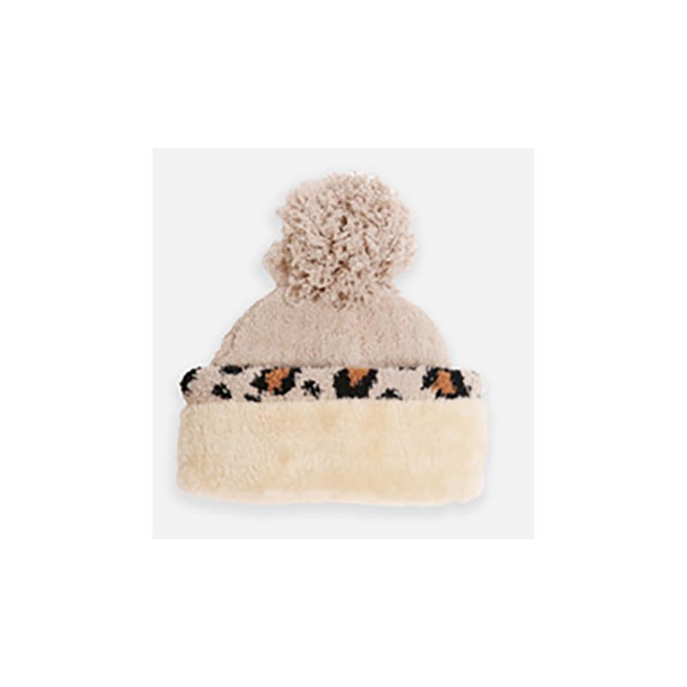 Winter Beanie Hat Womens Beige Black Microfiber Leopard Print Pom-Pom Accented