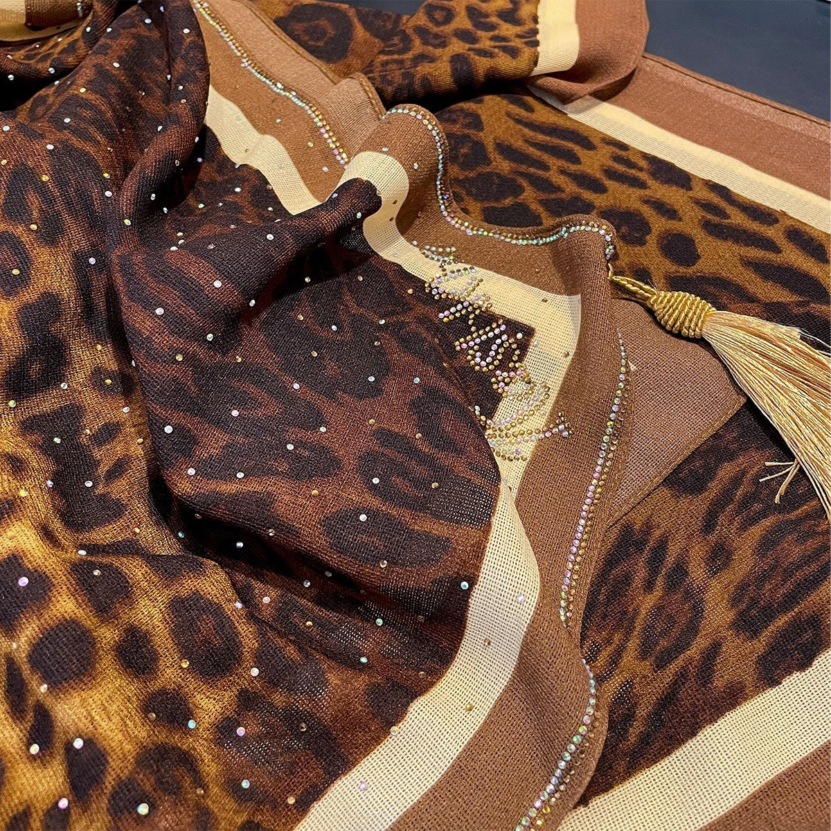 Leopard Print Rhinestone Tassel Shawl Wrap Oversized Scarf Luxury Sparkle