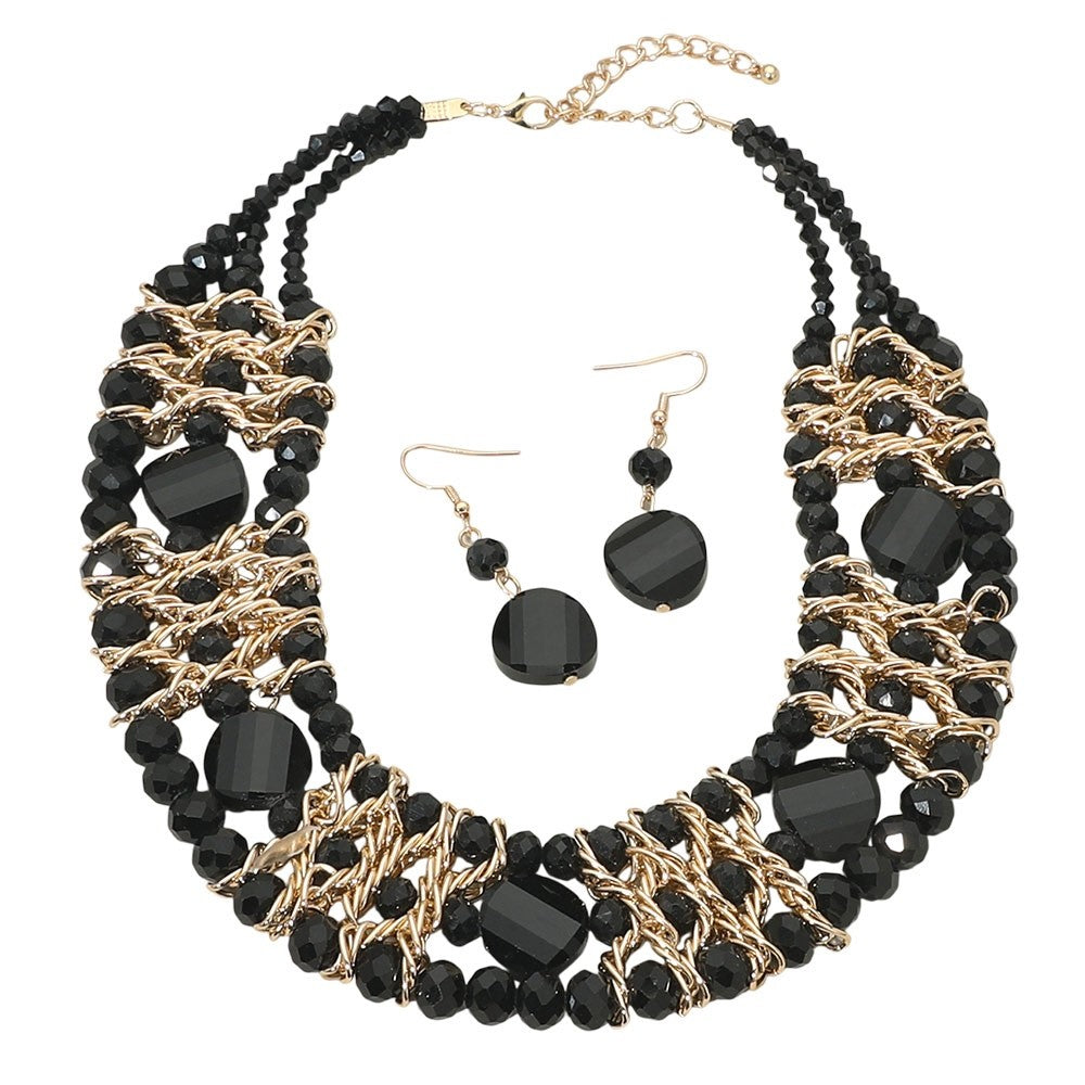 2pcs Black Beaded Multi Strand Bib Necklace & Drop Earrings Set Glam Jewelry