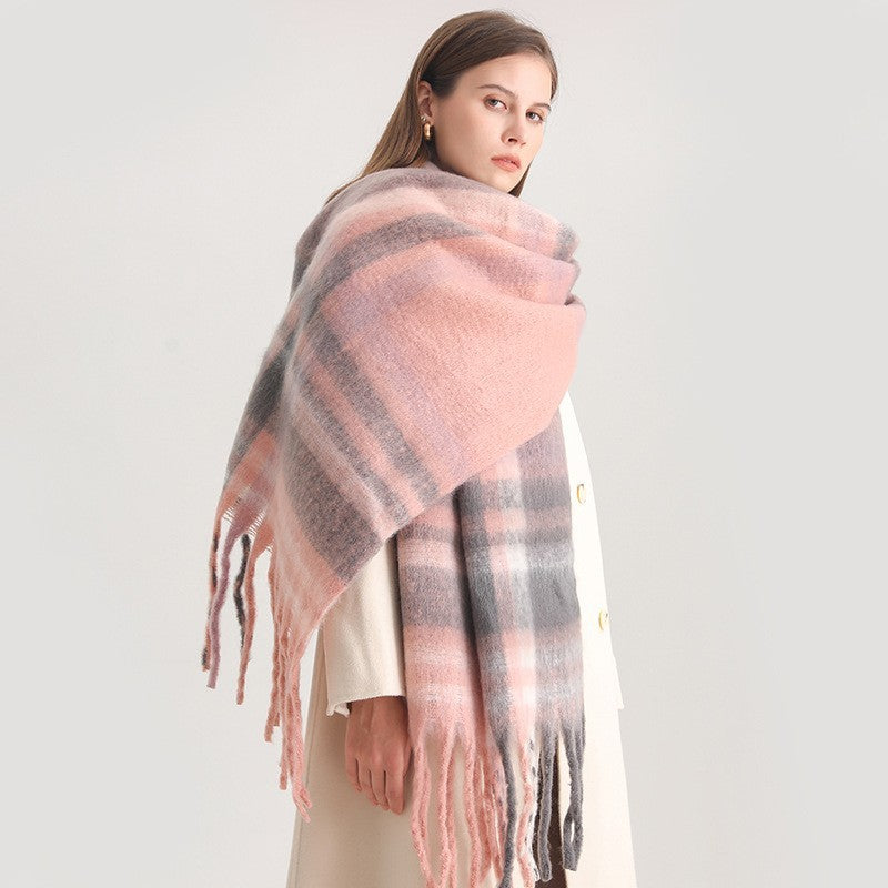 Plaid Checkered Scarf Womens Winter Warm Pink Gray Fringe Wrap