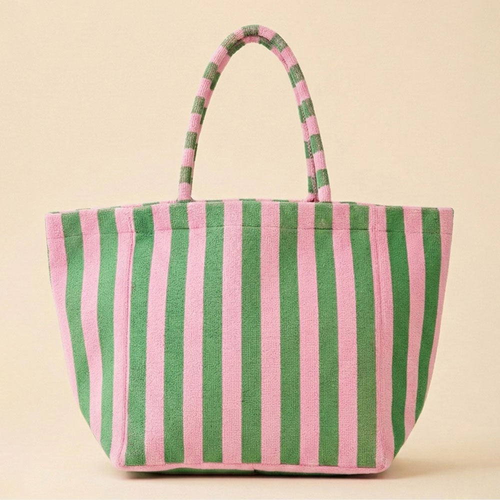 Terry Tote Bag Pink Green Striped Polyester Inner Pocket Magnetic Snap Closure