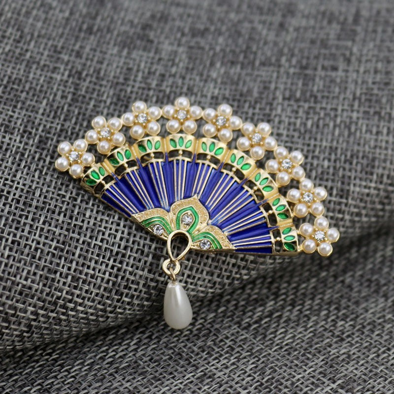 2pcs Folding Fan Brooch Pin Pearl Rhinestone Vintage Enamel Jewelry Set