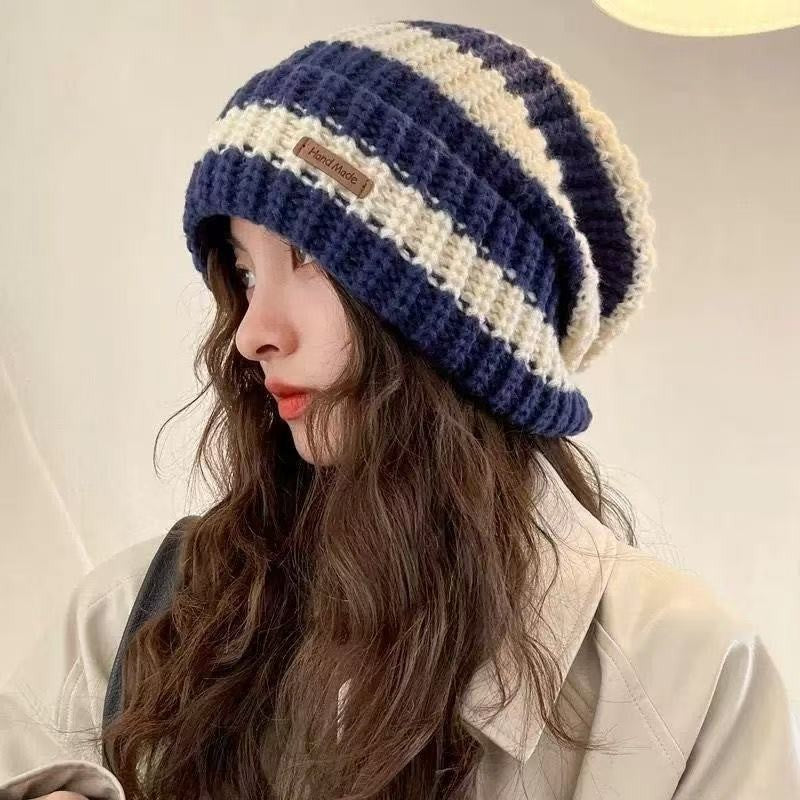 2PCS Handmade Striped Knit Beanie Hat Set Blue Black Winter Slouchy Toque Cap