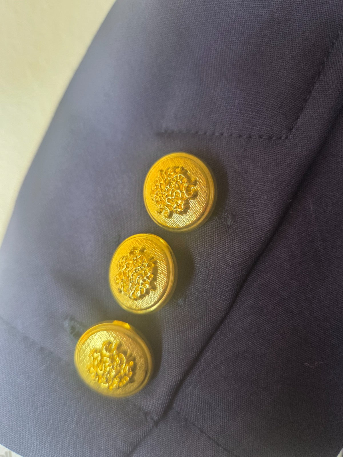 Navy Blue Asymmetrical Peplum Blazer Jacket Gold Zippers Buttons Women's Size 10