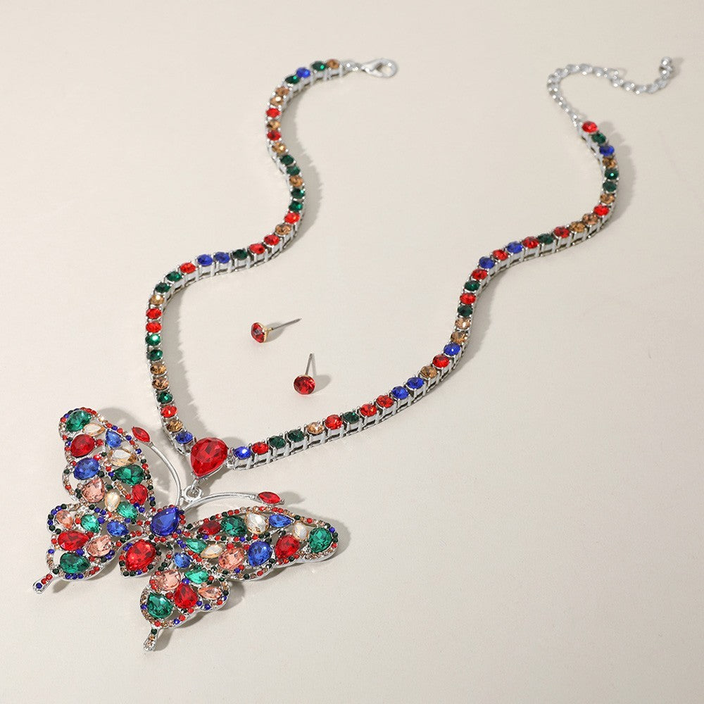 Rhinestone Butterfly Pendant Tennis Chain Necklace for Women Evening Jewelry
