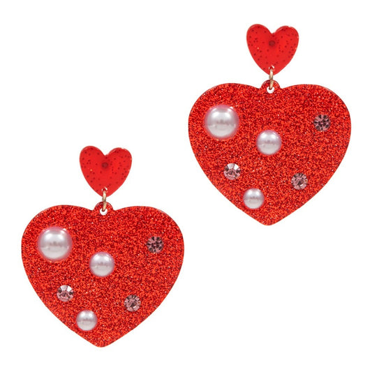 Red Glitter Heart Earrings with Faux Pearls and Crystals Jewelry