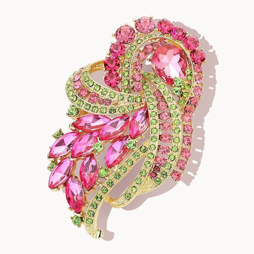 Vibrant Pink & Green Crystal Rhinestone Floral Statement Brooch