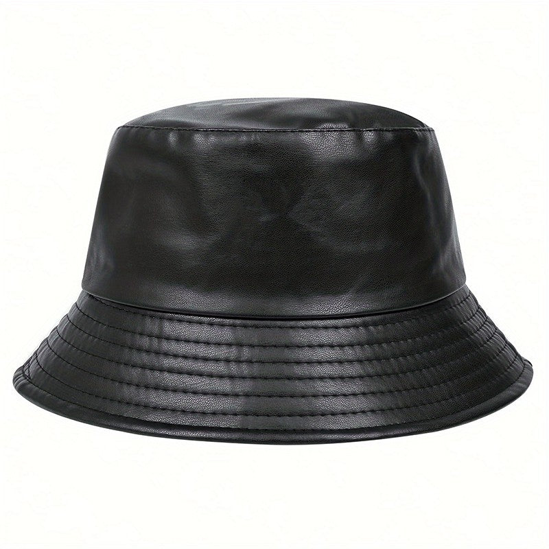 2PCS Shiny Faux Leather Bucket Hat Set Black Red Fisherman Style Streetwear