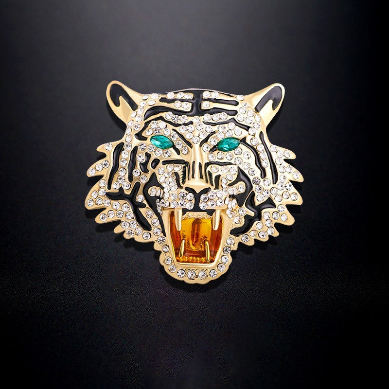 Statement Tiger Head Roaring Brooch Pin Pendant Gold Tone Rhinestone Black Ename