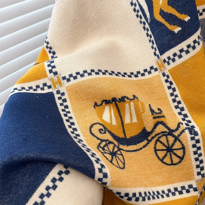 Warm Reversible Horse Carriage Print Scarf Shawl Wrap Blanket Oversize