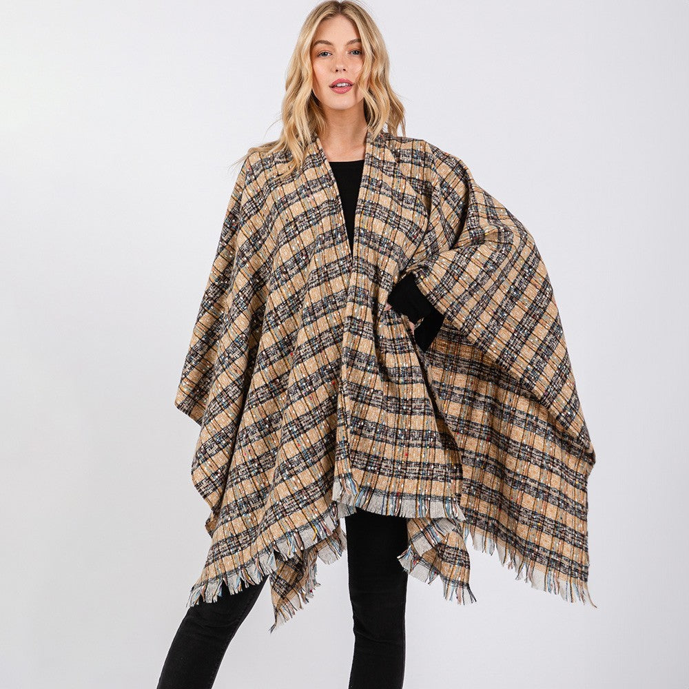 Multi Color Plaid Ruana Poncho Wrap Shawl Cape Open Front Women’s One Size