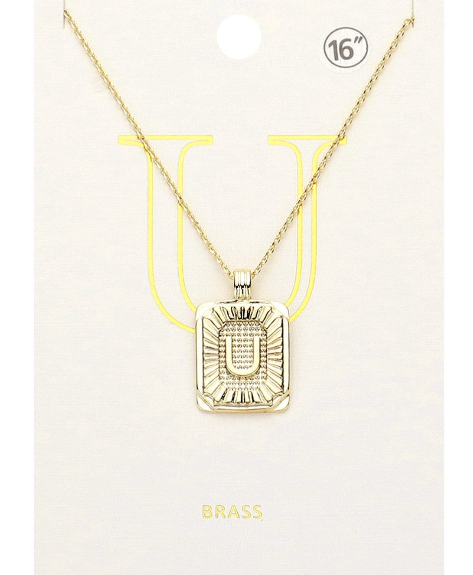 Gold Initial "U" Rectangular Sunburst Pendant Necklace - Brass Fashion Jewelry