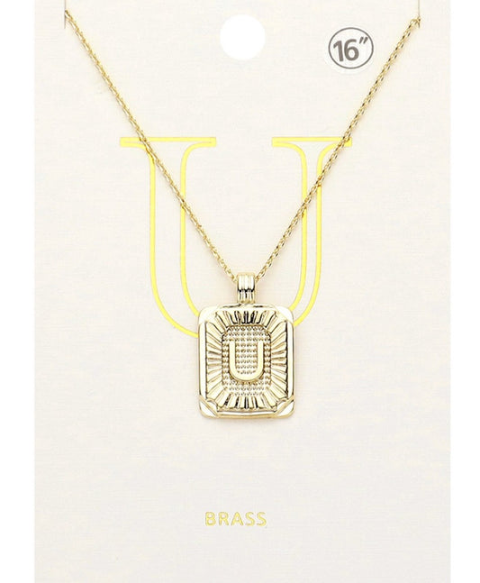 Gold Initial "U" Rectangular Sunburst Pendant Necklace - Brass Fashion Jewelry