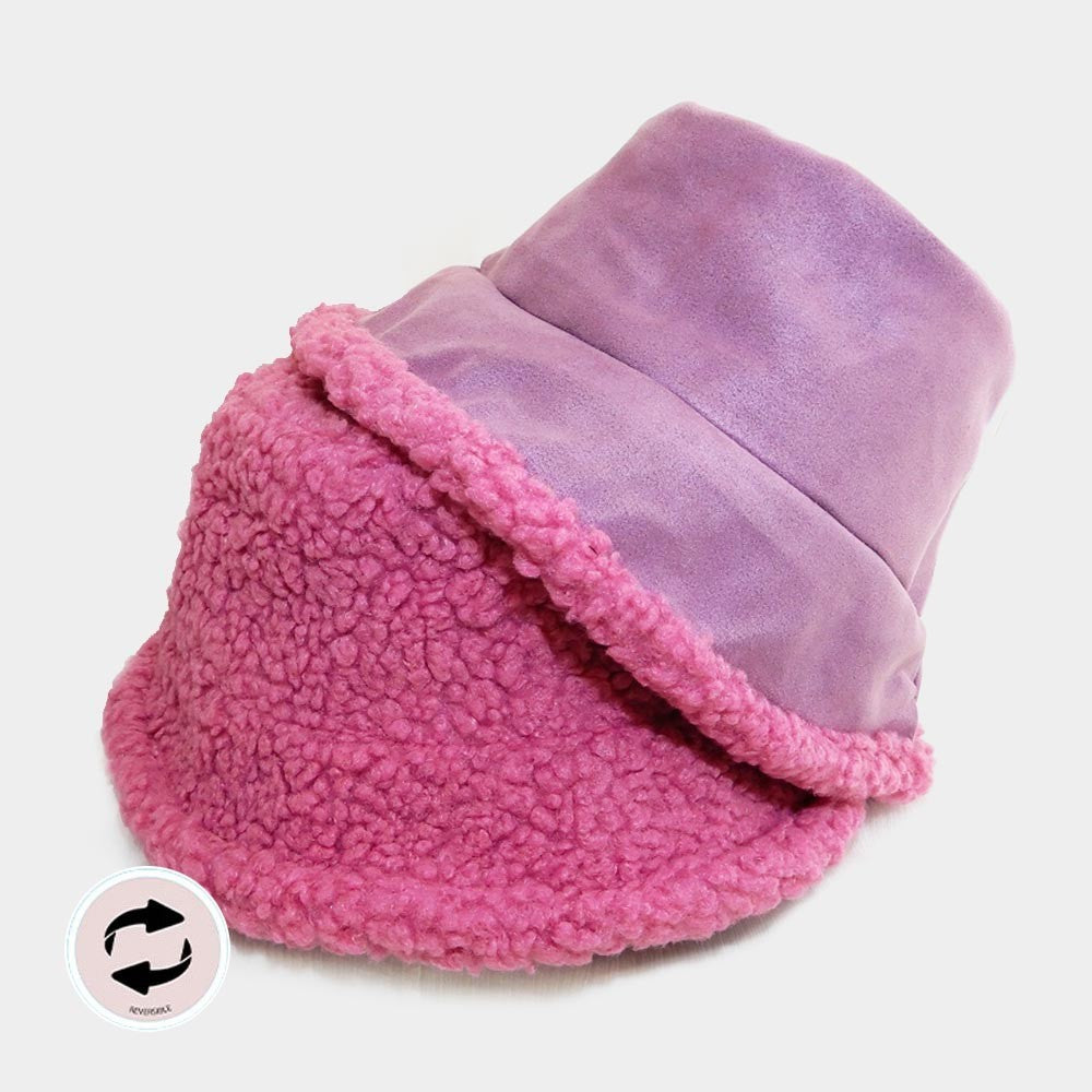 2PCS Reversible Fuzzy Bucket Hat Set Pink & Purple Sherpa Faux Suede Winter Y2K