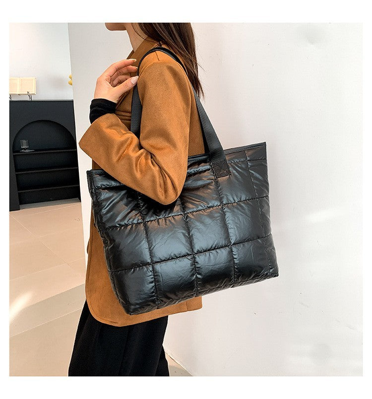 Black Quilted Puffer Tote Bag Shoulder Handbag Zipper Closure Carryall Purse