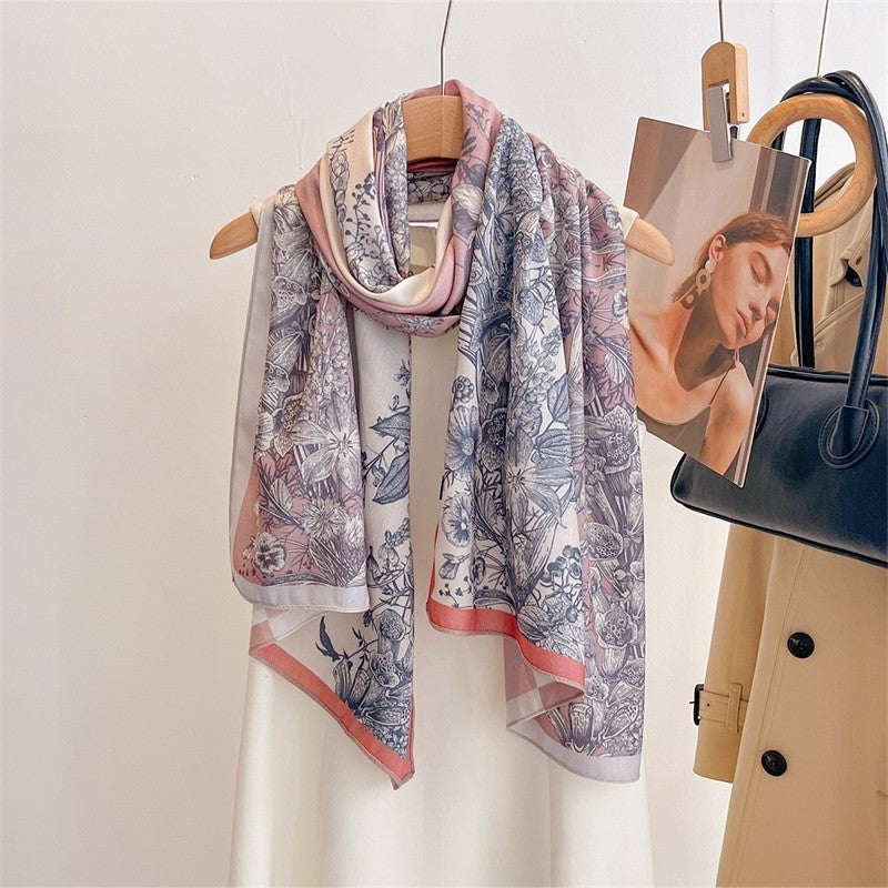 Floral Print Scarf Shawl Pink Blue Botanical Long Wrap Fashion Accessory