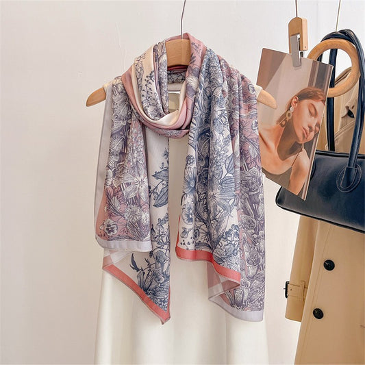 Floral Print Scarf Shawl Pink Blue Botanical Long Wrap Fashion Accessory