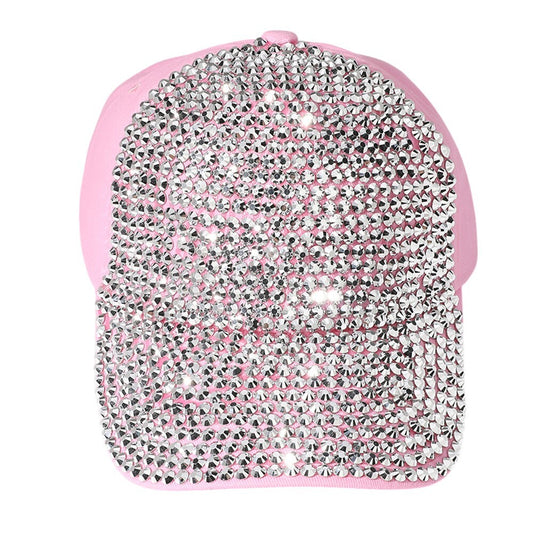 Women's Bling Studded Glam Baseball Cap Sparkly Rhinestone Adjustable Hat Pink