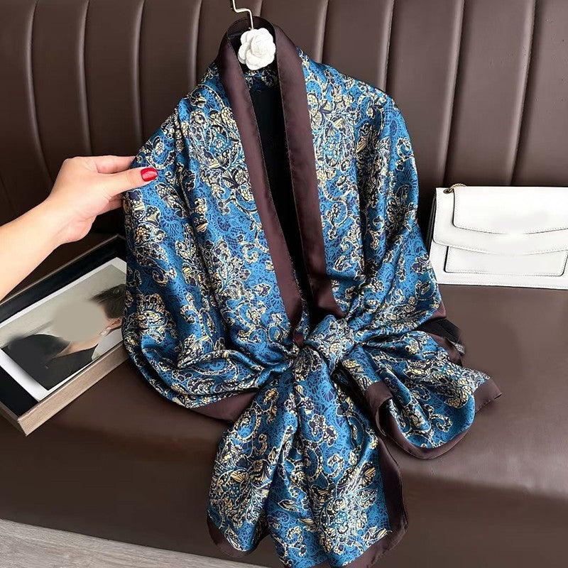 Baroque Blue Gold Scarf Wrap 71 x 35" Polyester Silk Feel Elegant Shawl