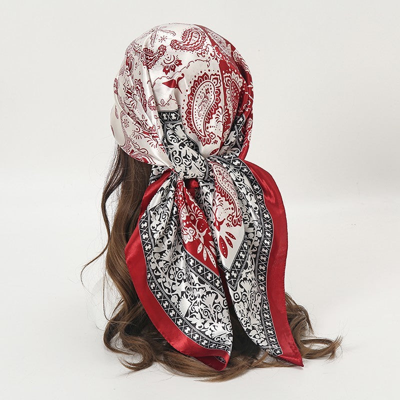 Two Tone Red White Paisley Satin Bandana Scarf Square Head Neck Wrap for Women