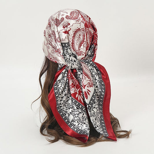 Two Tone Red White Paisley Satin Bandana Scarf Square Head Neck Wrap for Women