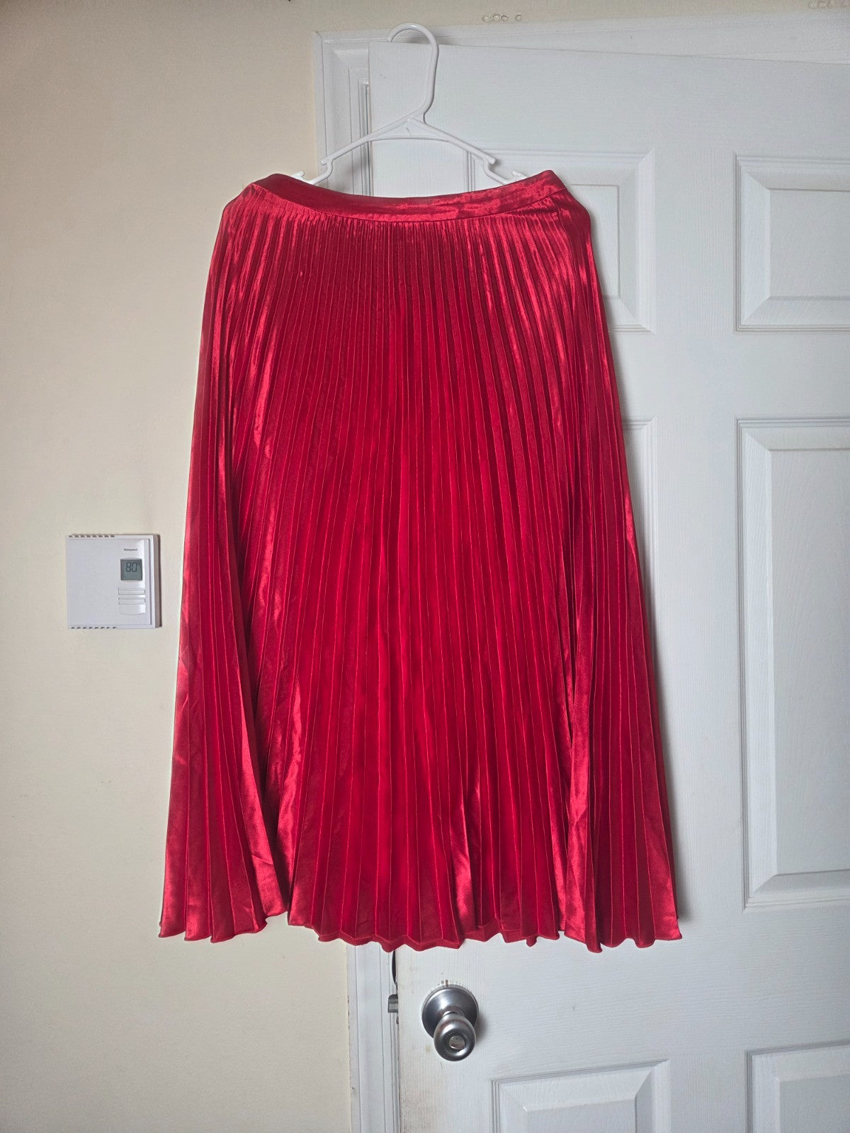 Bright Red Satin Pleated Midi Skirt for Women Elegant Flowing Skirt for Ladies