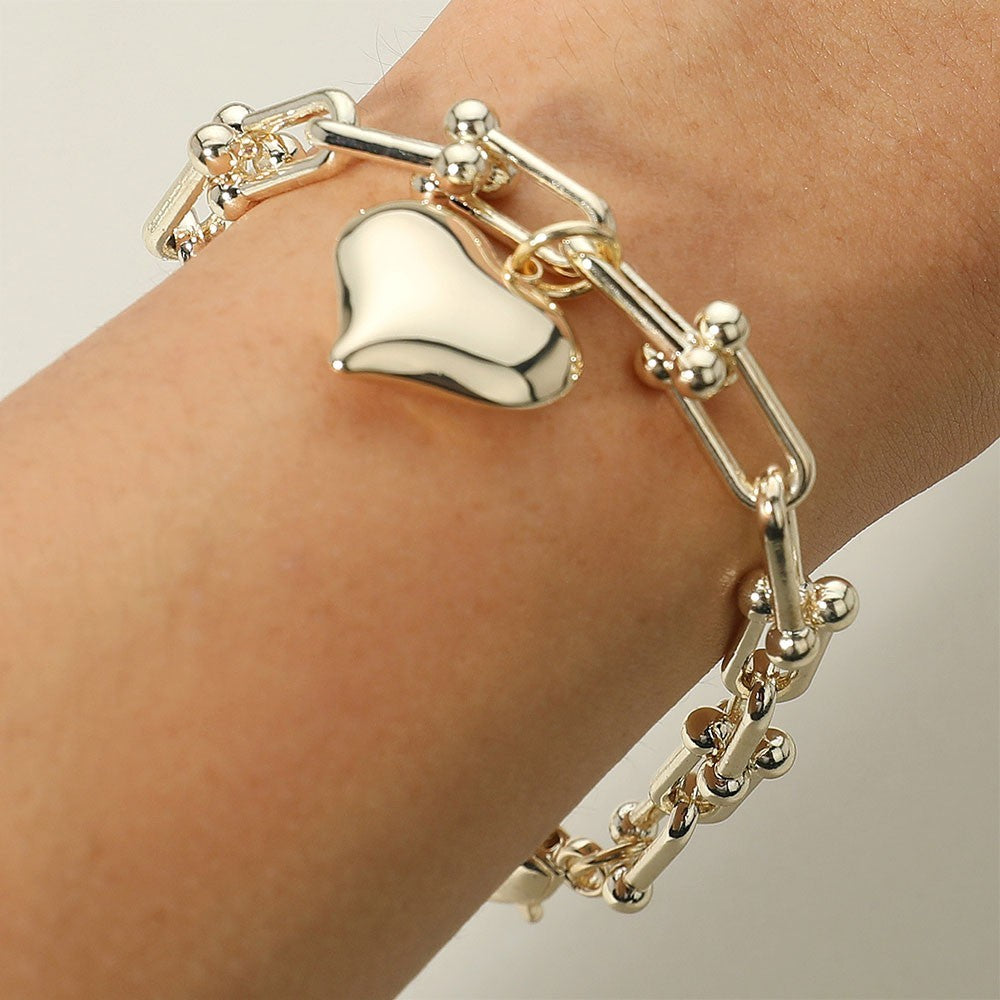 Chunky Gold Link Bracelet Puffy Heart Charm U-Chain Women's Gift Jewelry