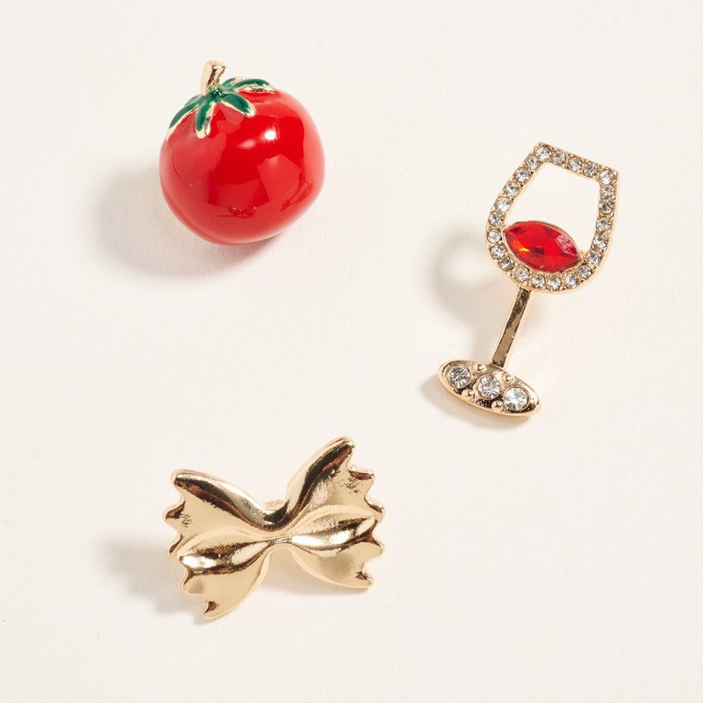 3pc Italian Dinner Gold Brooch Set - Pasta Tomato & Wine Glass Novelty Pins