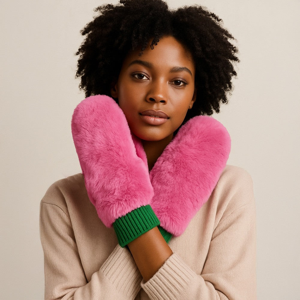 2 Piece Fuzzy Faux Fur Mitten Gloves Womens Pink OS Polyester Open Up Knit Cuffs