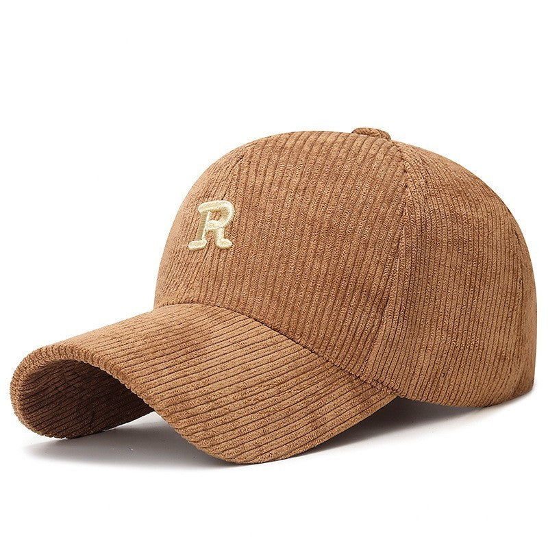 Brown Corduroy Baseball Cap Letter R Logo Adjustable Hat