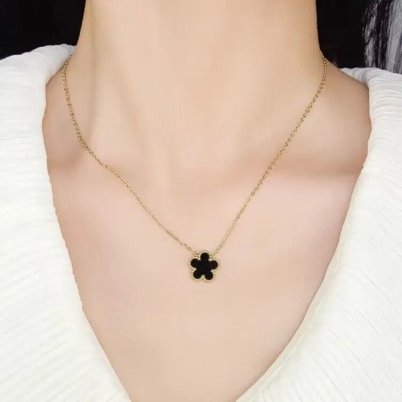 2-in-1 Set! Black & White Clover Flower Necklaces Gold Stainless Steel Jewelry