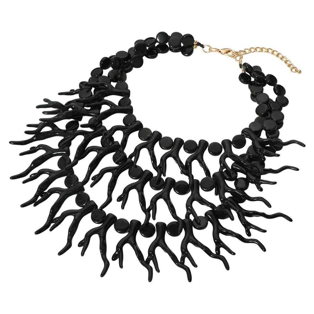 Bold Black Branch Coral Statement Bib Necklace with Gold-Tone Adjustable Clasp