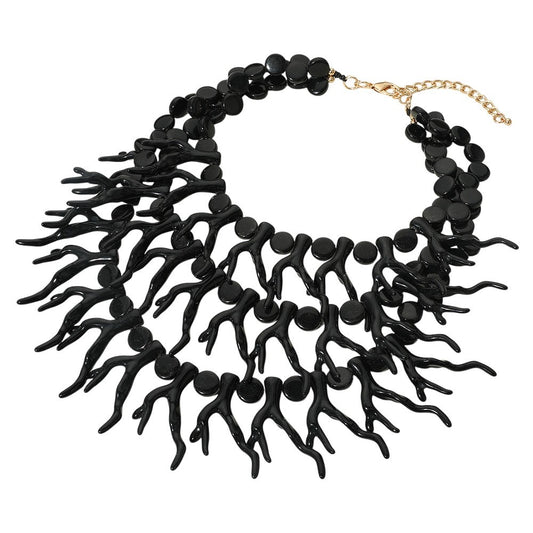 Bold Black Branch Coral Statement Bib Necklace with Gold-Tone Adjustable Clasp