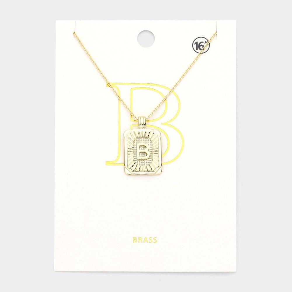 Gold Initial "B" Rectangular Sunburst Pendant Necklace - Brass Fashion Jewelry