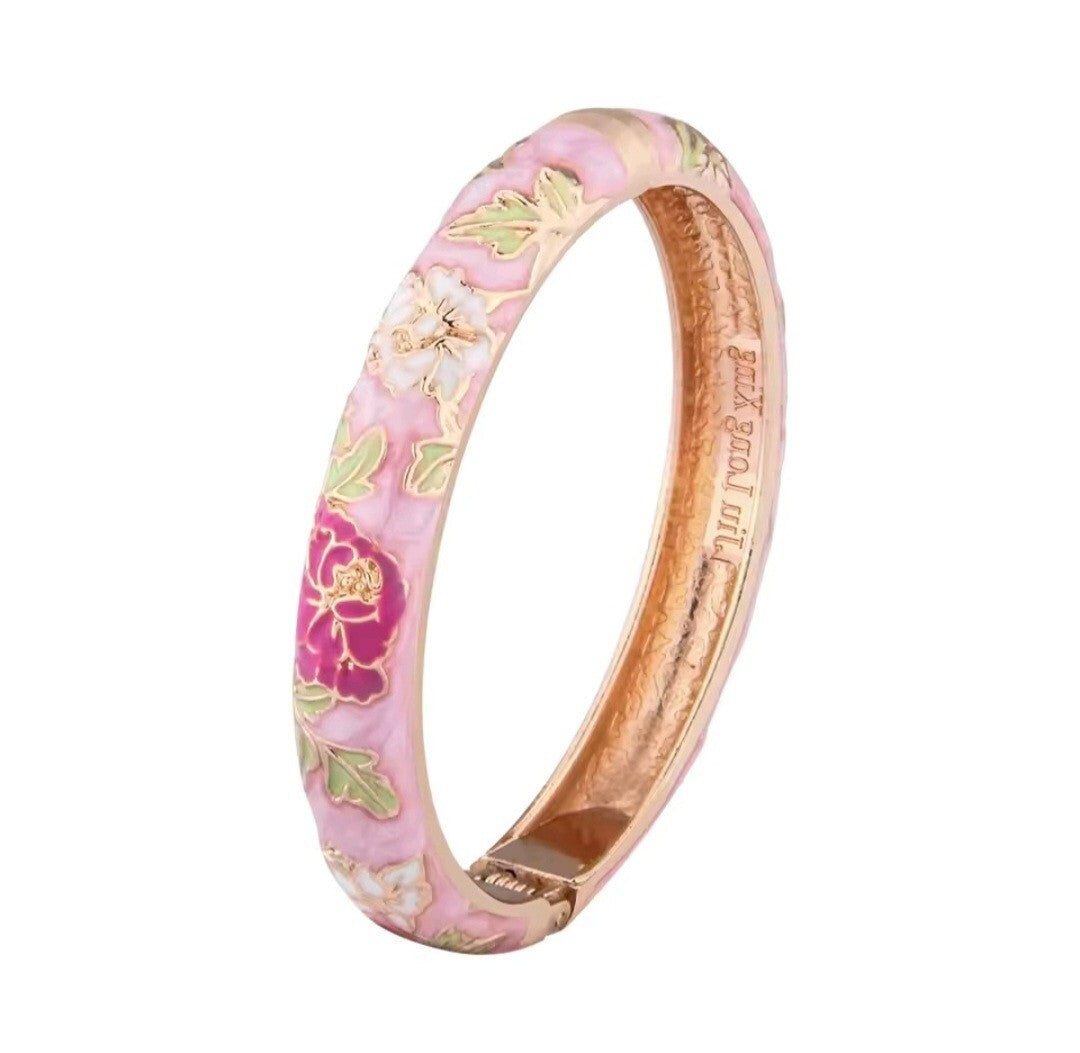 Pink Enamel Floral Bangle Bracelet for Women Elegant Gift Jewelry