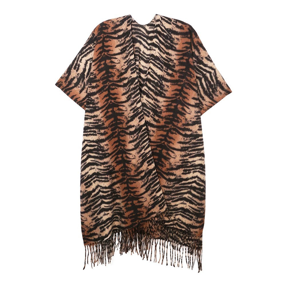 Women's Tiger Print Kimono Cardigan Shawl Poncho with Fringe Boho Animal Print