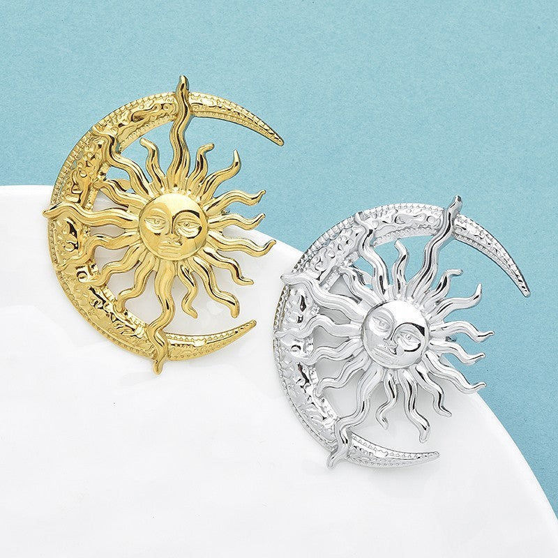 2pcs Sun Moon Brooch Celestial Stainless Steel 18k Gold Plated Pin Set