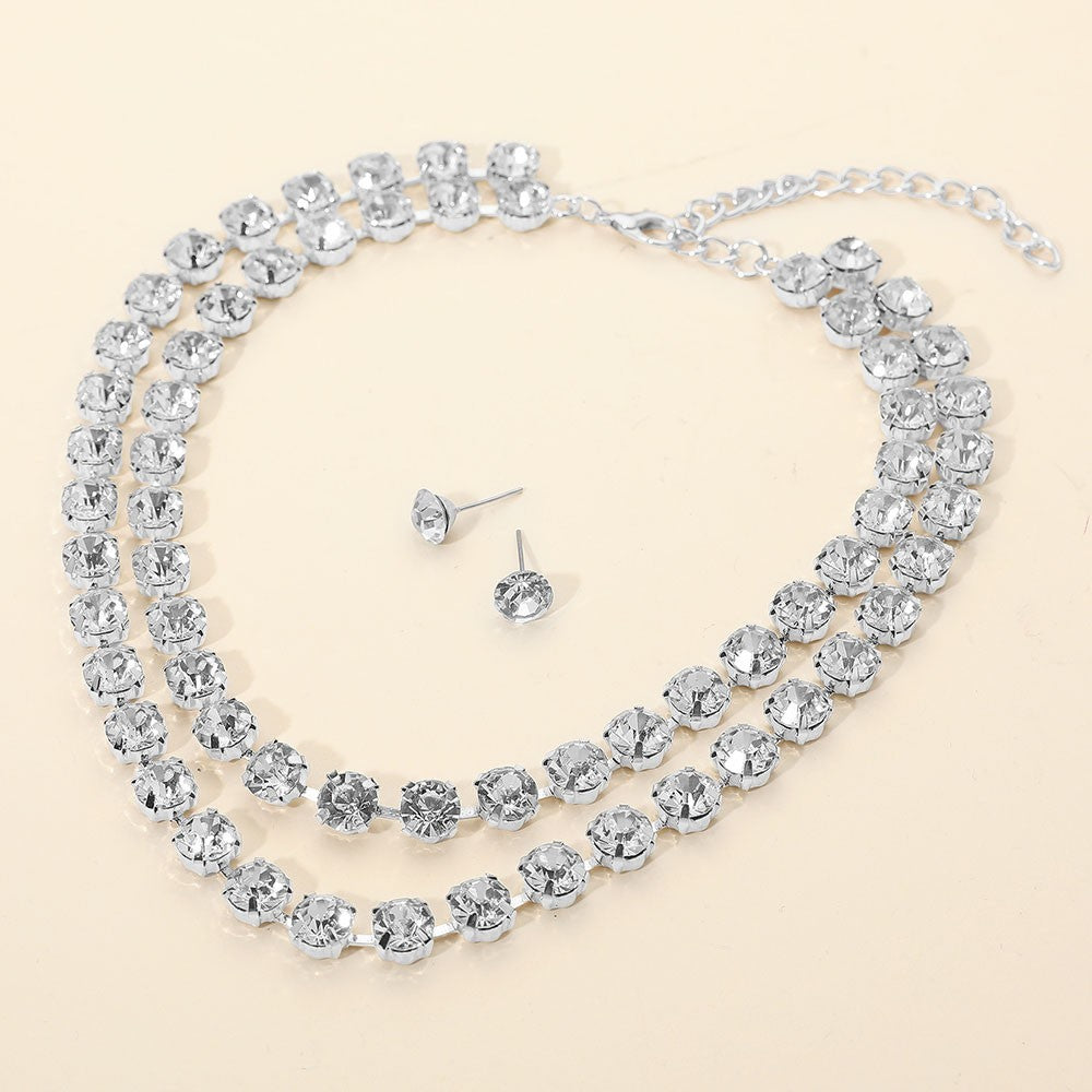 Double Row Rhinestone Choker Necklace & Stud Earrings Set Clear Jewelry