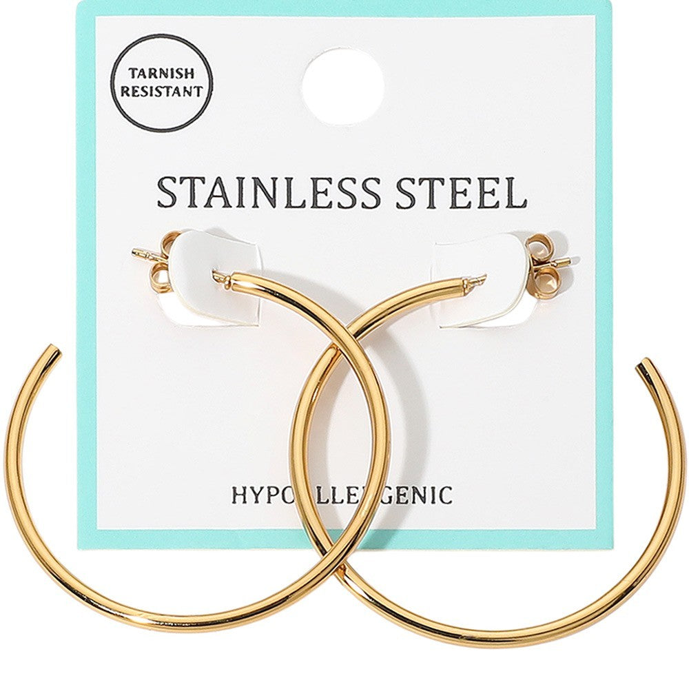 Women's Gold Tone Stainless Steel Hoop Earrings Post Back Tarnish Resistant