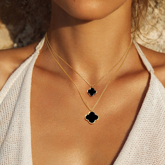 Gold Black Quatrefoil Pendant Double Layered Necklace for Women Jewelry