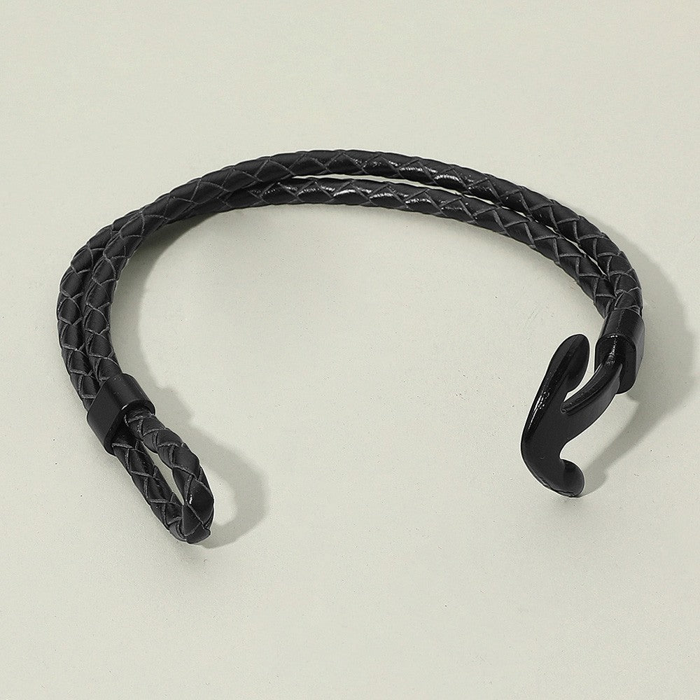 Mens Braided Leather Anchor Bracelet 2 Pack Black & Brown Nautical Set