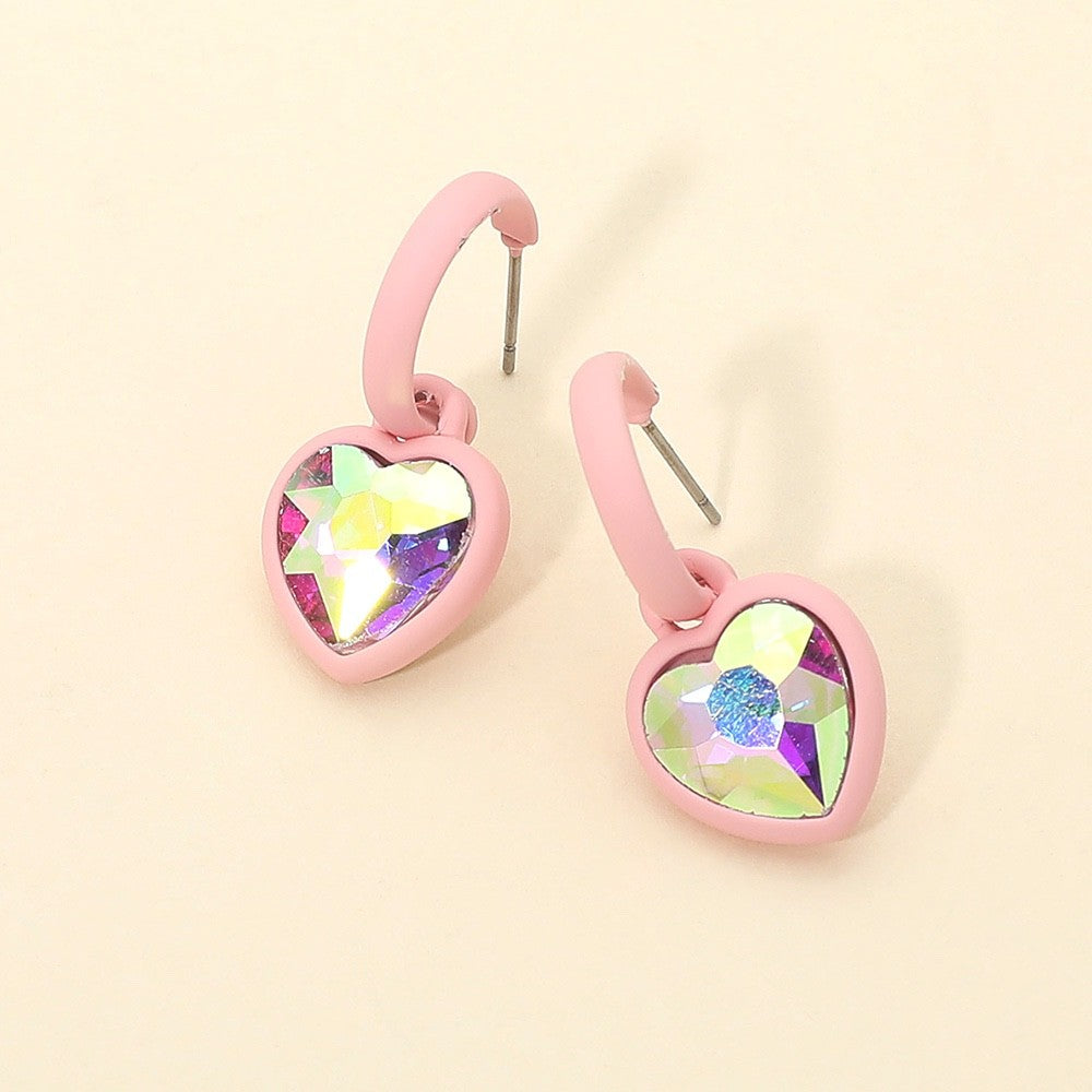 Pink Heart Hoop Earrings with Iridescent Crystal Charms - Pastel Matte Enamel
